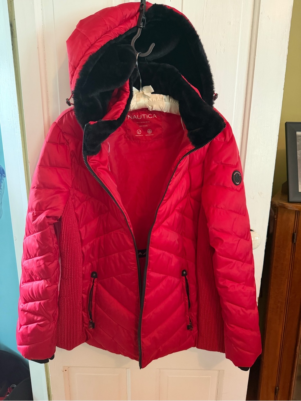 Nautica Bright Red Quilted Hooded Puffer Jacket with Black Faux-Fur Trim